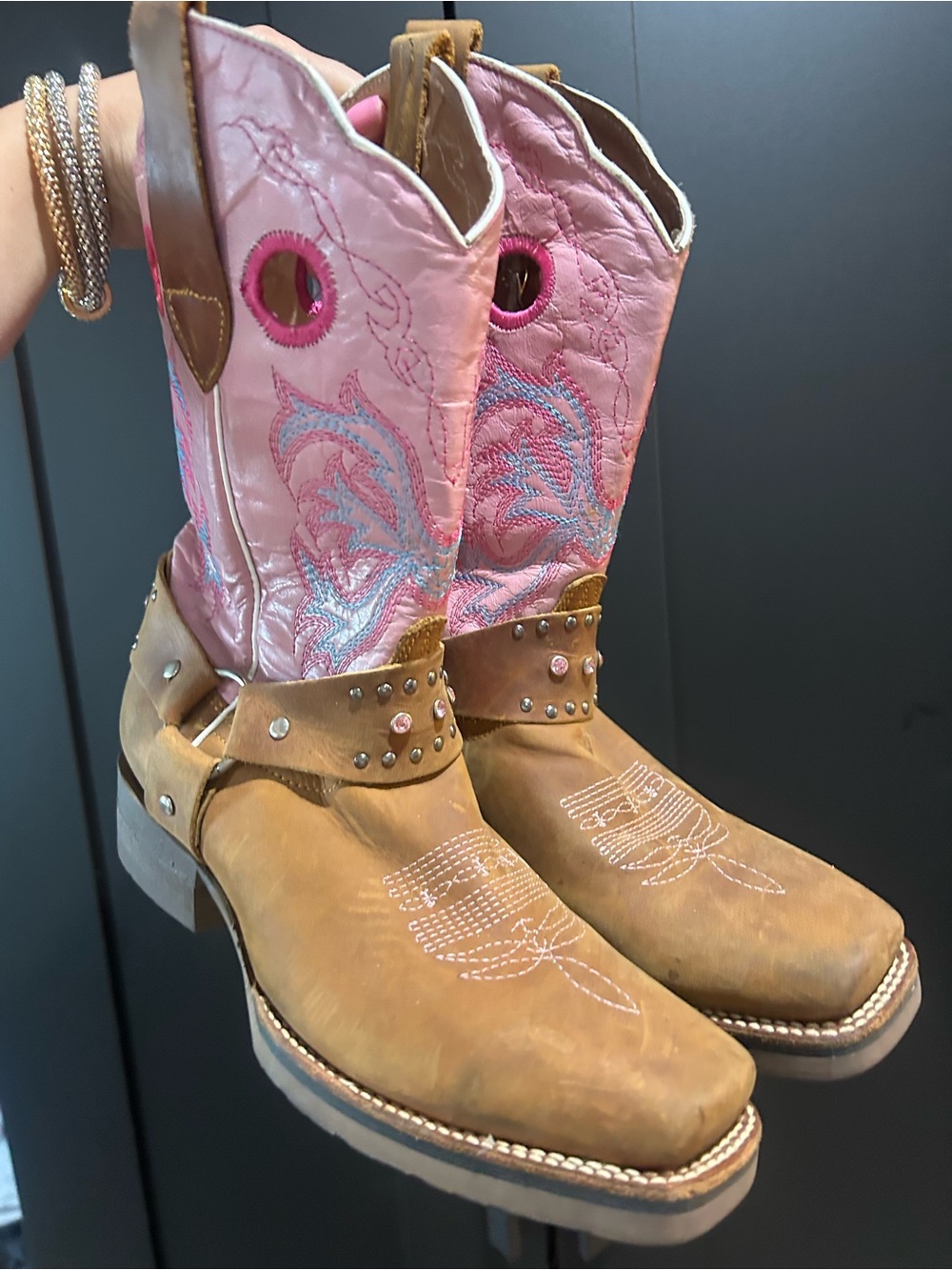 Brown Leather Harness Cowboy Boots with Pink Embroidered Shaft el general